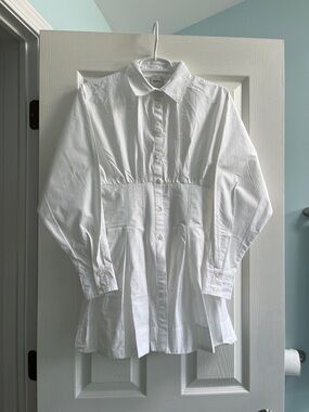 Anthropologie White Button-Front Gathered Waist Blouse